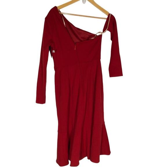 Laundry by Shelli Segal Dress Asymmetrical Neck Long Sleeve Flounce Midi Red 4 - Picture 4 of 9